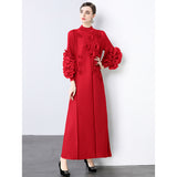 Elegant bead three-dimensional flower dress women's spring pleated bubble sleeve disc flower large size elastic slim dress