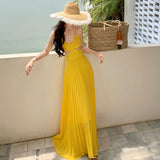 2025 Thailand seaside vacation beach dress to ankle atmosphere waist thin bright yellow beautiful suspender dress
