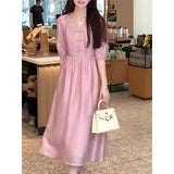 National Style New Chinese Dress  Summer New Temperament V-Neck Short Sleeve Loose Drawstring Waist Skinny Medium and Long Dress