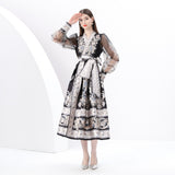 Women's Clothing  Early Spring - Vacation Wrap Lace-Up Style V-Neck Lantern Sleeve Long Vintage Printed Dress