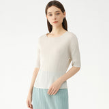Miyake summer new Korean version simple basic solid color round neck pleated t-shirt slim and thin bottoming shirt top