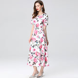 summer new short-sleeved waist slim-fitting and thin printed round neck medium and long big pendulum dress women