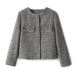 2025 Hair beard edge bright silk small fragrance, white lining skin tone, tweed short jacket round neck  spring women's clothing