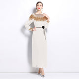senior celebrity Fan Heavy Industry bead dress skirt temperament imperial sister Fan lantern sleeve pleated loose long dress