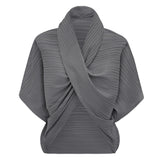 spring new personalized Korean version temperament slim top solid color bat sleeve scarf collar pleated women's t-shirt