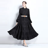 Gentle Wind Temperament Dress Spring Women's Design Sense Hollow Lace Splicing Bubble Sleeve Long Dress Holiday Dress