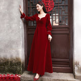 Velvet long-sleeved toast dress bride  new wedding engagement return thank you banquet burgundy dress