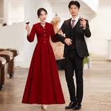Large size toast dress bride  new long-sleeved burgundy wedding engagement dress large lapel dress