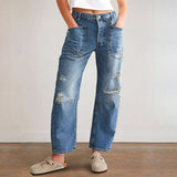 2025 Spot  new  New retro ripped jeans casual splicing banana pants loose straight pants women