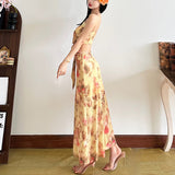2025 style  spring new women's clothing retro floral lace-up bow suspender long dress dress