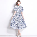 Popularan station  summer new sweet and elegant design sun print big pendulum dress shirt dress women
