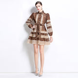 spring retro high-end long-sleeved new hollow lace splicing leopard print dress