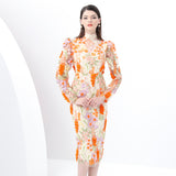 women's clothing  early spring - retro style stand-up collar long-sleeved slim-fit hip-wrapped medium and long three-dimensional embroidery dress
