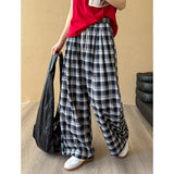 2025  spring new plaid fashion casual pants high waist and thin versatile lace-up straight wide-leg pants 25068