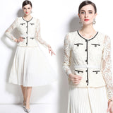 spring and summer new temperament socialite  fake two-piece lace crochet pleated long-sleeved pleated dress women