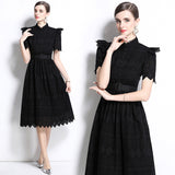 summer new  retro niche stand-up collar ruffle edge splicing waist hollow embroidery short-sleeved dress