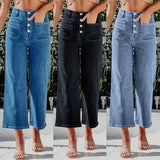 2025 autumn new  New breasted elastic jeans women's high-waisted temperament thin washed straight pants