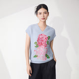 2025 Women's Summer Top Premium Large Size Printed V-Neck Loose Fashion Commuter Versatile Pleated Vest Short Sleeve T-Shirt