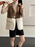 2025 friendly mink v-neck sleeveless vest two-color splicing one-button imitation mink coat ferret jacket to keep warm in autumn and winter