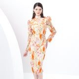 women's clothing  early spring - retro style stand-up collar long-sleeved slim-fit hip-wrapped medium and long three-dimensional embroidery dress