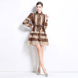 spring retro high-end long-sleeved new hollow lace splicing leopard print dress