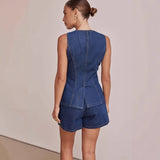 2025 spring and summer new  independent station  fashion sleeveless waist high waist loose denim shorts set