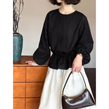 2025  spring new Korean  small stand-up collar double-layer ruffle hem drawstring bow shirt 88003