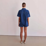 2025 Casual wind  summer new New Popular trade washed retro solid color short-sleeved shirt shorts denim suit women