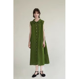 Cotton and linen wear neckline pleated belt sleeveless dress  summer new green simple dress