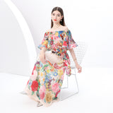 women's clothing  early spring - painted holiday one-word shoulder pleated ruffle edge holiday printed long dress