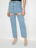 2025 Hot trade wholesale fashion niche diamond beads design sense middle waist straight long thigh hollow jeans women's clothing