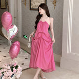 2025 Pink backless neck sling dress women's summer new coffee break beautiful  sexy seaside vacation dress