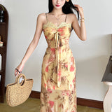 2025 style  spring new women's clothing retro floral lace-up bow suspender long dress dress