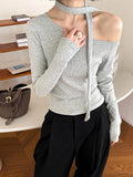 2025  spring new  streamer neck open shoulder design slanted shoulder sexy bottoming knitted sweater 9005-1