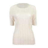 Miyake summer new Korean version simple basic solid color round neck pleated t-shirt slim and thin bottoming shirt top