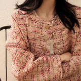 2025 New Chinese tweed jacket, high-end small fragrant round neck top  spring and autumn single-breasted long-sleeved short models