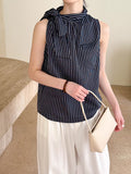 2025  Spring New Hot Style Korean Loose Chic Bow Sleeveless Striped Shirt 8106