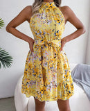 New Popular trade 2025 women's clothing popular summer sleeveless neck skirt lace-up waist floral dress