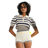women's clothing spring sports knitted top set fashion women's clothing contrasting stripes Polo collar short-sleeved T-shirt women