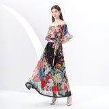 women's clothing  early spring - painted holiday one-word shoulder pleated ruffle edge holiday printed long dress