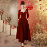 Toast Bride  New Burgundy Engagement Dress One Shoulder Long Sleeve Velvet Wedding Atmosphere Women