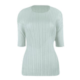 Miyake summer new Korean version simple basic solid color round neck pleated t-shirt slim and thin bottoming shirt top