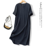 spring and summer new cotton and linen V-neck loose and thin versatile commuter dress large size robe casual women
