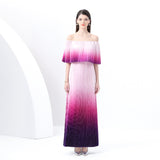 women's clothing  early spring new gradual change holiday wind one-word shoulder ruffle edge holiday printing long dress