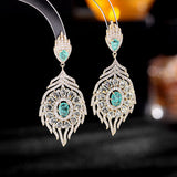 2025 new S925 silver needle earrings wholesale heavy industry luxury atmosphere micro zircon retro feather leaf earrings