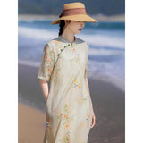Chinese style ramie cotton dress women's summer fresh and chic cotton and linen women's clothing stand-up collar buckle high-end dress