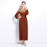 senior celebrity Fan Heavy Industry bead dress skirt temperament imperial sister Fan lantern sleeve pleated loose long dress