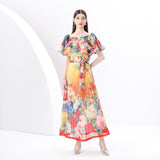 women's clothing  early spring - painted holiday one-word shoulder pleated ruffle edge holiday printed long dress