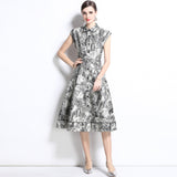 Fashion celebrity temperament short-sleeved lapel waist a-character ink painting printed shirt dress elegant big swing dress