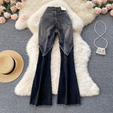 Design Sense Stitching Edging Skinny Jeans for Women Spring/Summer New New Tassel Elastic Thin Slim Flare Pants